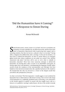 ‘Did the Humanities have it Coming?’ A Response to Simon During Ronan McDonald S