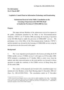 LC Paper No. CB[removed])  For information On 12 March 2007 Legislative Council Panel on Information Technology and Broadcasting Submissions Received in the Public Consultation on the