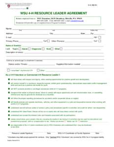 4-H #20-R+  WSU 4-H RESOURCE LEADER AGREEMENT Return completed form to: WSU Extension, 210 W Broadway, Ritzville, WA[removed]3209 FAX[removed]e-mail [removed] Extension will provide copy of completed fo