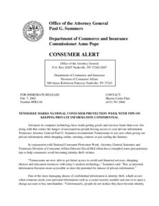 Office of the Attorney General Paul G. Summers Department of Commerce and Insurance Commissioner Anne Pope  CONSUMER ALERT