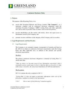 Economy / Finance / Money / Stock market / Corporate finance / Australian Securities Exchange / Economy of New South Wales / Investor relations / Listing Rules / National Instrument 43-101