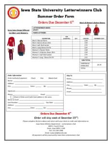 Iowa State University Letterwinners Club Summer Order Form Orders Due December 6th Items Same Design Different Cut Men’s and Women’s: