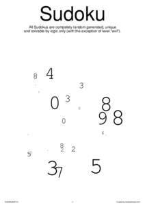 Sudoku All Sudokus are competely random generated, unique and solvable by logic only (with the exception of level 