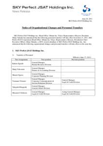 News Release June 20, 2011 SKY Perfect JSAT Holdings Inc. Notice of Organizational Changes and Personnel Transfers SKY Perfect JSAT Holdings Inc. (Head Office: Minato-ku, Tokyo; Representative Director, President: