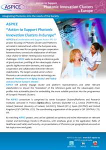 ASPICE “Action to Support Photonic Innovation Clusters in Europe” ASPICE is a Coordination and Support Action FP7 EU project focusing on Photonic Clusters and Platforms activated in national level within the European