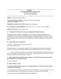 Worksheet Determination of NEPA Adequacy (DNA) U.S. Department of the Interior Bureau of Land Management  OFFICE: Kingman Field Office (KFO)