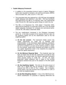 o Capital Adequacy Framework • In addition to the prescribed minimum levels of capital, Philippine banks were required to maintain a net worth-to-risk assets (NWRA) ratio of at least 10%. (Sec. 22 of R. A. No. 337)