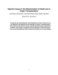 Vaad Halacha Teshuvah on Brain Death and Organ Transplantation: Consolidated