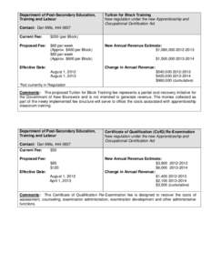 Department of Post-Secondary Education, Training and Labour Tuition for Block Training New regulation under the new Apprenticeship and Occupational Certification Act