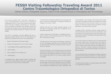 FESSH Visiting Fellowship Traveling Award 2011 Centro Traumtologico Ortopedico di Torino Werner Hettwer, Orthopaedic Surgeon, Fellow of the European Board of Orthopaedics and Traumatology  From January to March 2011, I w