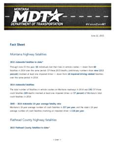 June 22, 2015  Fact Sheet Montana highway fatalities 2015 statewide fatalities to date:* Through June 15 this year, 58 individuals lost their lives in vehicle crashes — down from 60