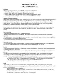 MIT	INTRAMURALS	 VOLLEYBALL	RULES Eligibility	 All	team	members	must	have	a	current	DAPER	membership	and	be	either:	 -A	MIT	undergrad	or	grad	student	who	is	registered	for	the	semester