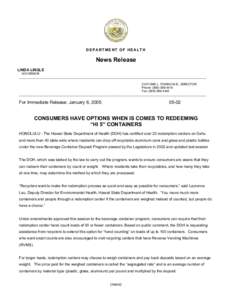 DEPARTMENT OF HEALTH  News Release LINDA LINGLE GOVERNOR _______________________________________________________________________________________________________________