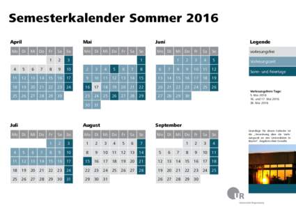 Semesterkalender für das Sommersemester 2016 an der Universität Regensburg