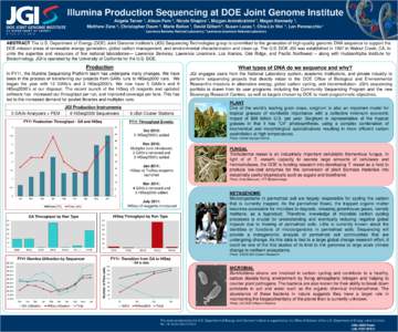 Illumina Production Sequencing at DOE Joint Genome Institute Angela Tarver 1, Alison Fern 2, Nicole Shapiro 1, Mojgan Amirebrahimi 1, Megan Kennedy 2, Matthew Zane 2, Christopher Daum 2, Marie Ballon 1, David Gilbert 1, 