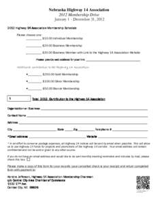 Nebraska Highway 14 Association 2012 Membership Drive January 1 - December 31, [removed]Highway 14 Association Membership Schedule Please choose one: __________ $10.00 Individual Membership