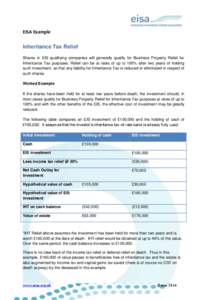 EISA Example  Inheritance Tax Relief Shares in EIS qualifying companies will generally qualify for Business Property Relief for Inheritance Tax purposes. Relief can be at rates of up to 100% after two years of holding su