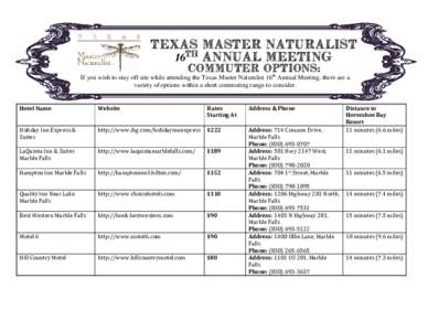 Texas Master Naturalist 16th Annual Meeting Commuter Options: If you wish to stay off site while attending the Texas Master Naturalist 16th Annual Meeting, there are a variety of options within a short commuting range to