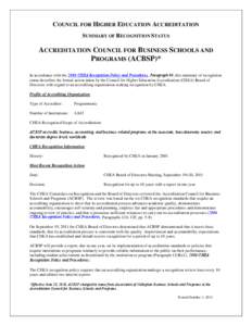 COUNCIL FOR HIGHER EDUCATION ACCREDITATION SUMMARY OF RECOGNITION STATUS ACCREDITATION COUNCIL FOR BUSINESS SCHOOLS AND PROGRAMS (ACBSP)* In accordance with the 2006 CHEA Recognition Policy and Procedures, Paragraph 40, 
