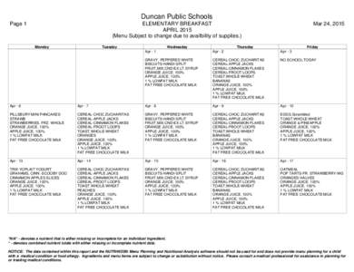 Duncan Public Schools Page 1 ELEMENTARY BREAKFAST APRILMenu Subject to change due to availbility of supplies.)