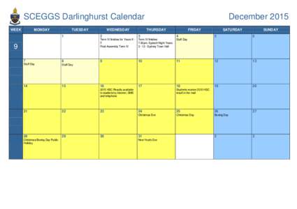 SCEGGS Darlinghurst Calendar WEEK MONDAY  TUESDAY