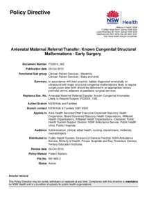 Policy Directive Ministry of Health, NSW 73 Miller Street North Sydney NSW 2060 Locked Mail Bag 961 North Sydney NSW 2059 Telephone[removed]Fax[removed]http://www.health.nsw.gov.au/policies/