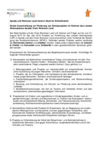 .  Apolda und Weimarer Land Hand in Hand für Weltoffenheit! Zweite Ausschreibung zur Förderung von Einzelprojekten im Rahmen des Lokalen Aktionsplanes Apolda/ Kreis Weimarer Land Die Stadt Apolda und der Kreis Weimarer