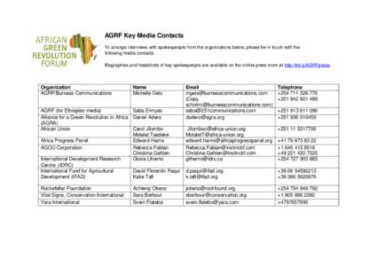 AGRF Key Media Contacts To arrange interviews with spokespeople from the organizations below, please be in touch with the following media contacts. Biographies and headshots of key spokespeople are available on the onlin
