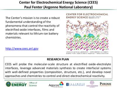 Center for Electrochemical Energy Science (CEES) Paul Fenter (Argonne National Laboratory) The Center’s mission is to create a robust fundamental understanding of the phenomena that control the reactivity of electrifie