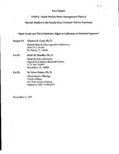 Final Report USEPA I South Florida Water Management District Special Studies in the Florida Keys National Marine Sanctuary IIReef Corals and Their Symbiotic Algae as Indicators of Nutrient Exposure