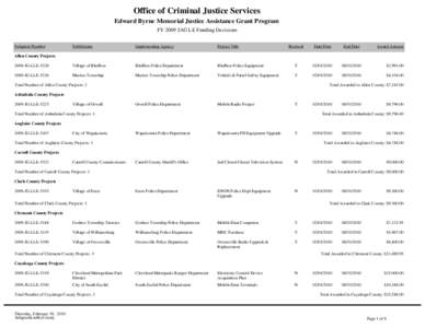 Office of Criminal Justice Services Edward Byrne Memorial Justice Assistance Grant Program FY 2009 JAG LE Funding Decisions Subgrant Number  SubGrantee