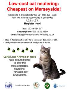 Low-cost cat neutering: Cheapest on Merseyside! Neutering is available during 2014 for 300+ cats