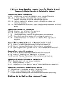 PA Farm Show Teacher Lesson Plans for Middle School Academic State Standards Related to Lesson Lesson One: Farm Fresh Foods[removed]Explain how agriculture meets the basic needs of humans[removed]Analyze nutritional conc