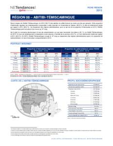 FICHE RÉGIONRÉGION 08 – ABITIBI-TÉMISCAMINGUE Dans la région de l’Abitibi-Témiscamingue, en 2015, 80,2 % des adultes ont utilisé Internet au moins une fois par semaine. Cette proportion