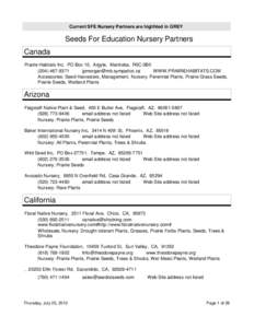 Current SFE Nursery Partners are higlihted in GREY  Seeds For Education Nursery Partners Canada Prairie Habitats Inc, PO Box 10, Argyle, Manitoba, R0C 0B0[removed]