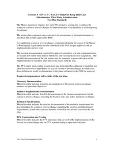 Contract # 1677-DLTC-XXX For Statewide Long Term Care Infrastructure Third Party Administration Test Plan Standards The Master Agreement requires that each TPA prepare a testing plan to address the testing of system or p