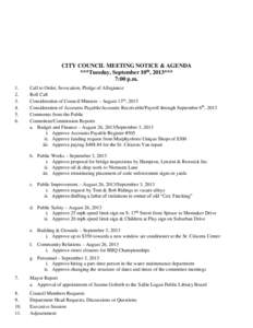 CITY COUNCIL MEETING NOTICE & AGENDA ***Tuesday, September 10th, 2013*** 7:00 p.m[removed].