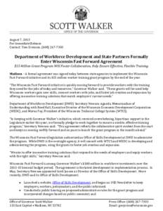 Department of Workforce Development and State Partners Formally Enter Wisconsin Fast Forward Agreement