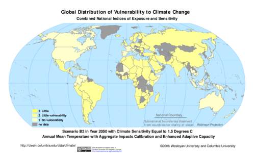 Global Distribution of Vulnerability to Climate Change Combined National Indices of Exposure and Sensitivity 3 Little  National Boundary