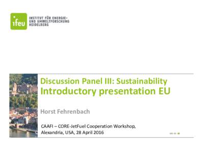 Discussion Panel III: Sustainability  Introductory presentation EU Horst Fehrenbach CAAFI – CORE-JetFuel Cooperation Workshop, Alexandria, USA, 28 April 2016