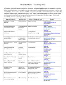 Blaster Certificates – Coal Mining States The following States grant blaster certificates for coal mining. The states in bold recognize the OSM Blaster Certificate with an issued classification as meeting the minimum r