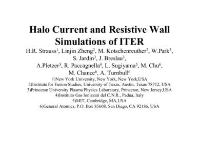 Halo Current and Resistive Wall Simulations of ITER H.R. Strauss1, Linjin Zheng2, M. Kotschenreuther2, W.Park3, S. Jardin3, J. Breslau3,  A.Pletzer3, R. Paccagnella4, L. Sugiyama5, M. Chu6,  M. Chance6, A. Turnbull6 1New