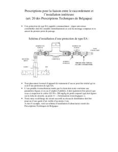 Prescriptions pour la liaison entre le raccordement et l’installation intérieure (art. 20 des Prescriptions Techniques de Belgaqua) •  Une protection de type EA (appelée communément : clapet anti-retour