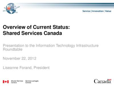 Overview of Current Status: Shared Services Canada Presentation to the Information Technology Infrastructure Roundtable November 22, 2012 Liseanne Forand, President