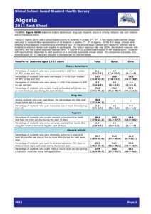 Global School-based Student Health Survey  Algeria 2011 Fact Sheet The 2011 Algeria GSHS measured dietary behaviours; drug use; hygiene; physical activity; tobacco use; and violence and unintentional injury.