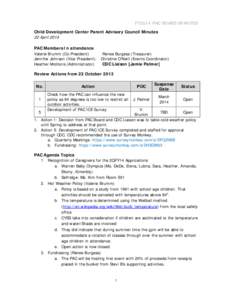 FY2014 PAC BOARD MINUTES Child Development Center Parent Advisory Council Minutes 22 April[removed]PAC Members In attendance