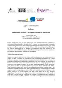 1  Appel à communications Colloque Socialisations juvéniles : des espaces éducatifs en interactionsoctobre 2015