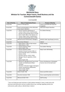 Ministerial Diary: Minister for Tourism, Major Events, Small Business and the Commonwealth Games