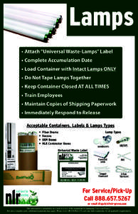 Lamps •	Attach “Universal Waste-Lamps” Label •	Complete Accumulation Date •	Load Container with Intact Lamps ONLY •	Do Not Tape Lamps Together •	Keep Container Closed AT ALL TIMES