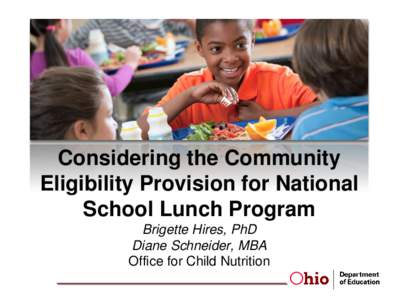 Considering the Community Eligibility Provision for National School Lunch Program Brigette Hires, PhD Diane Schneider, MBA Office for Child Nutrition